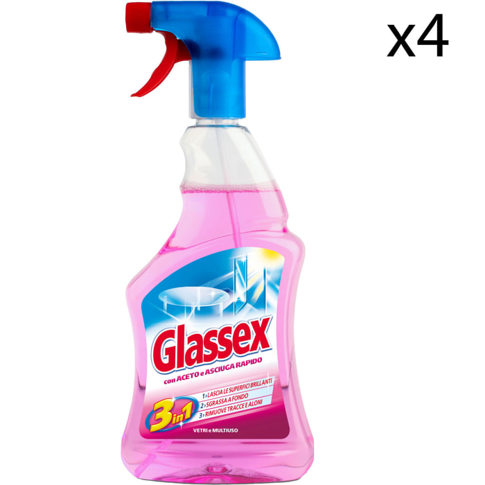 4x Glassex Detergente Spray Vetri e Multiuso con Aceto e Asciuga Rapido - Flacone da 500ml