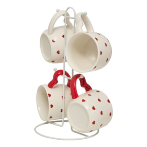 Coffret 4 mugs sur rack Valentine motif à coeurs