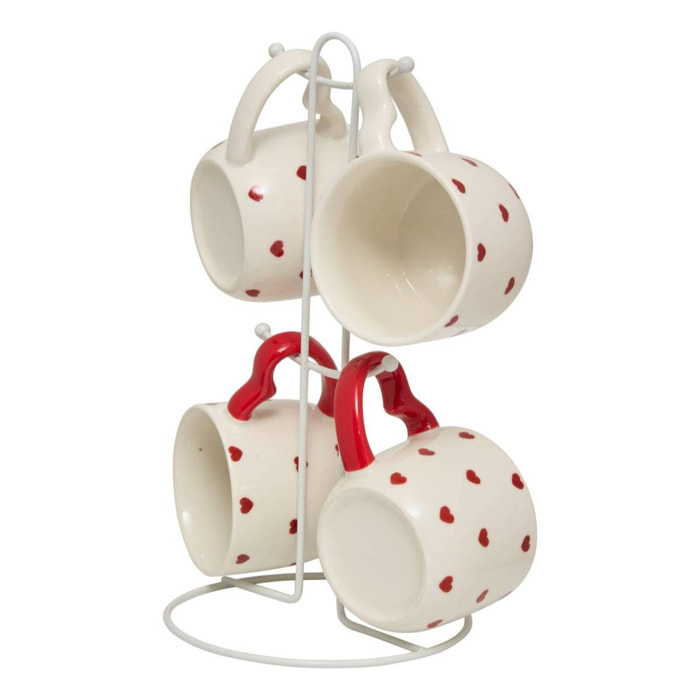 Coffret 4 mugs sur rack Valentine motif à coeurs
