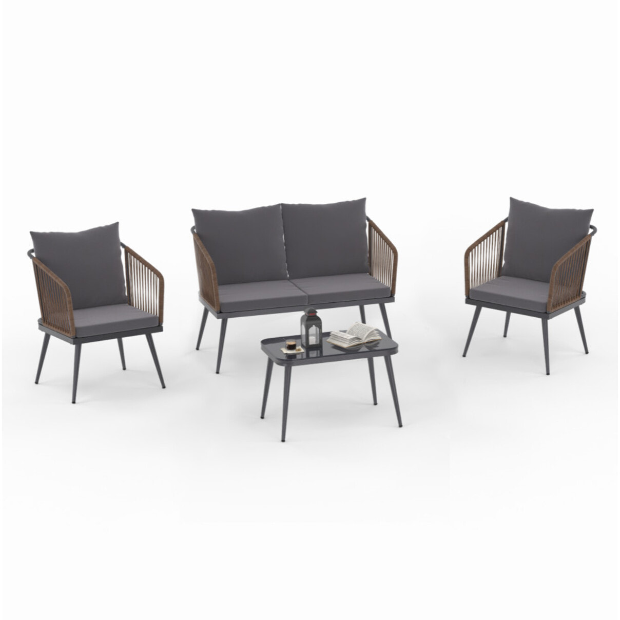 Salon de jardin Florida 4 places avec coussins en acier et polyrotin