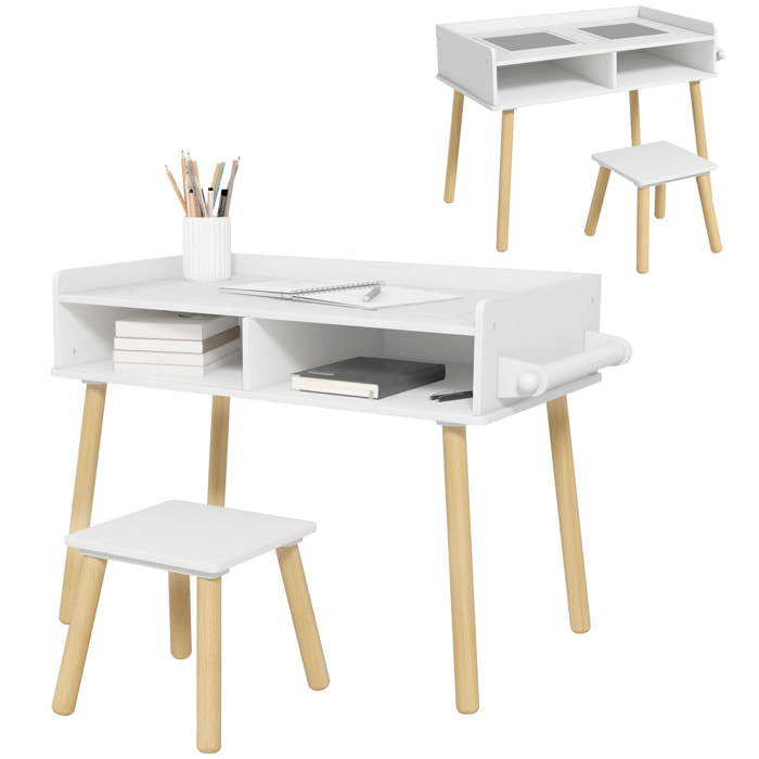 Juego de Mesa y Silla Infantil Mesa para Niños con Tablero de Bloques de Construcción y Rollo de Papel para Jugar Dibujar en Guardería Sala de Juegos Blanco