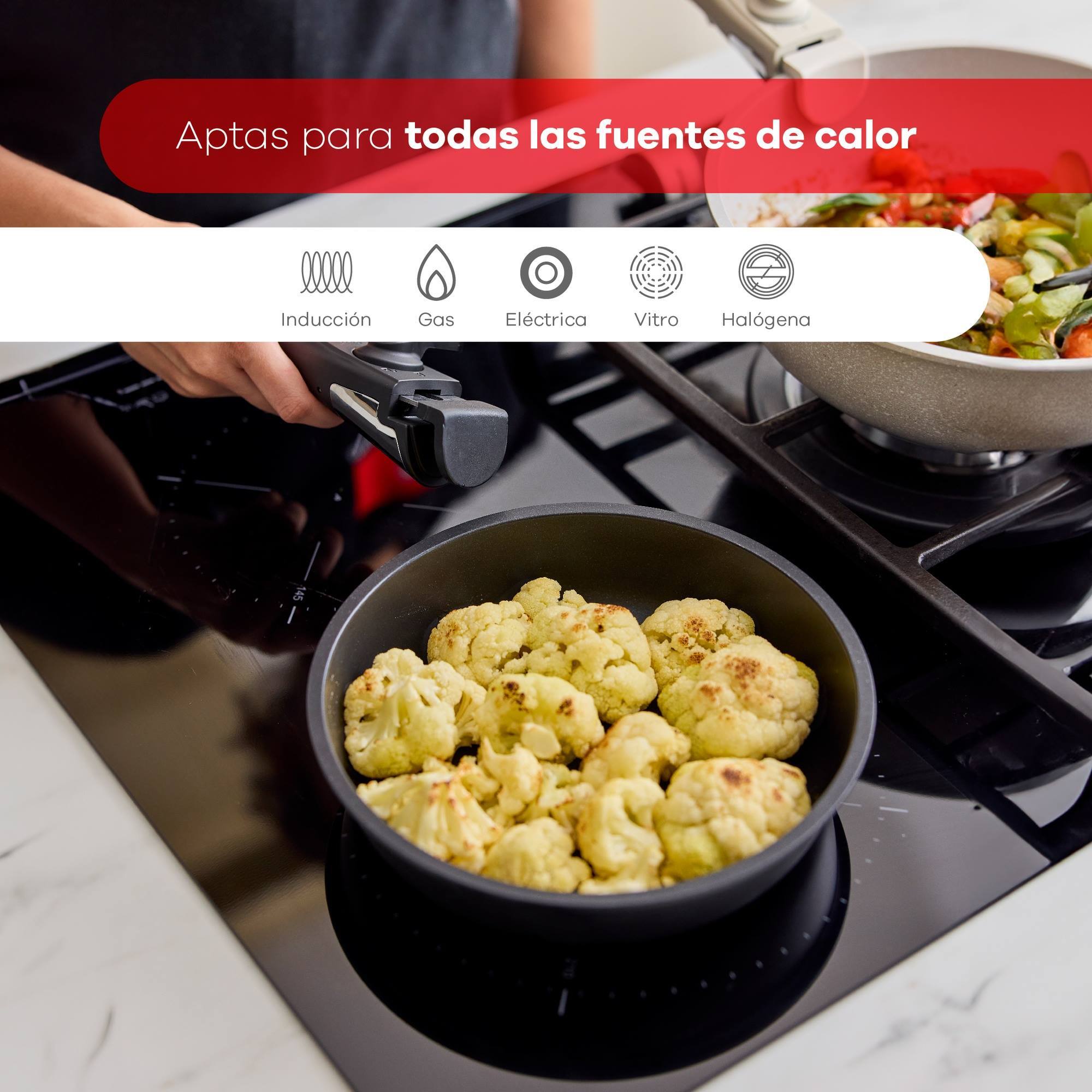 batería de cocina 10 pzs beige/mango extraíble,3 sartenes,2 cazos,tapas y utensilios/aluminio fundido revestimiento antiadherente