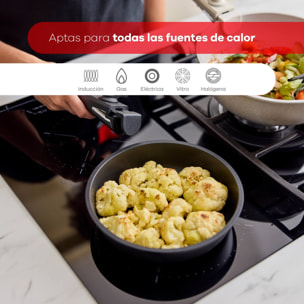 batería de cocina 10 pzs beige/mango extraíble,3 sartenes,2 cazos,tapas y utensilios/aluminio fundido revestimiento antiadherente