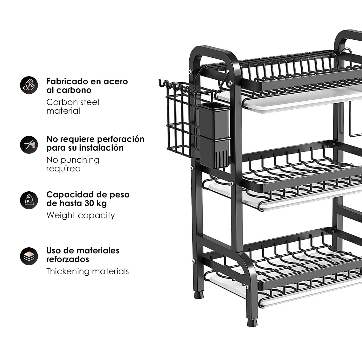 Repisa metálica de cocina con escurridor de 3 niveles, diseñada para organizar, secar y almacenar utensilios. Incluye bandejas recogegotas y gran capacidad de carga.