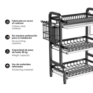 Repisa metálica de cocina con escurridor de 3 niveles, diseñada para organizar, secar y almacenar utensilios. Incluye bandejas recogegotas y gran capacidad de carga.
