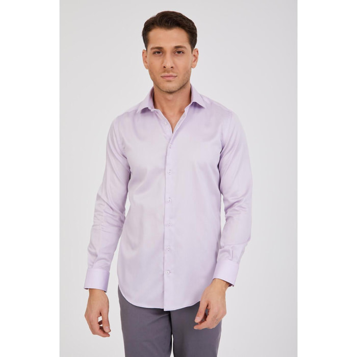 Camicia Uomo 1 Bottone Francese Slim Satin Unito Lilla