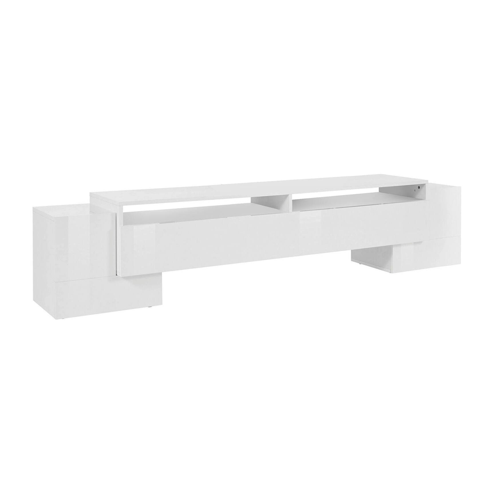 Mobile da soggiorno Porta TV, Made in Italy, Supporto per TV da salotto a 3 ante e ripiani, cm 210x45h45, colore Bianco lucido