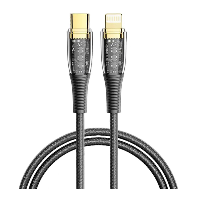 Cable USB-C a Lightning PD20W. Longitud: 1,2 metros, OD 3,5mm. Con luz LED.