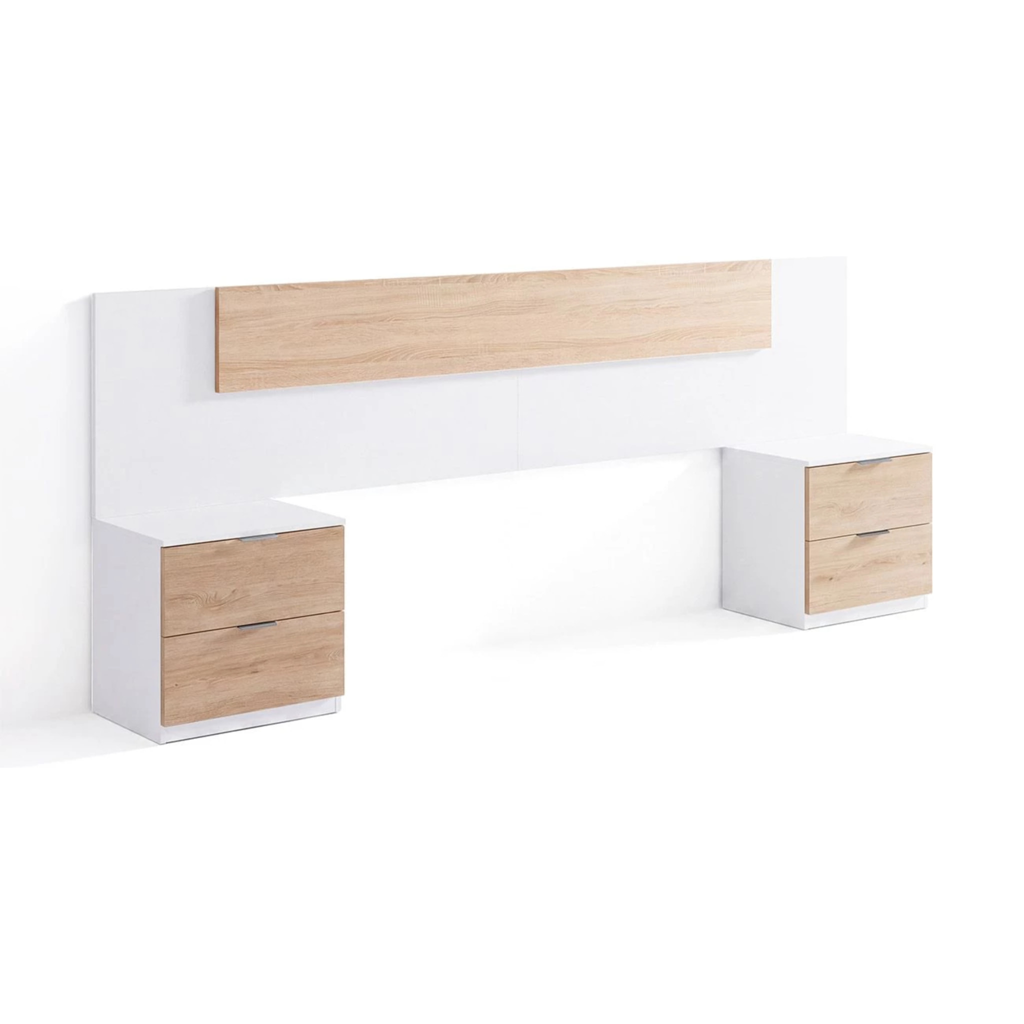 Cabecero para cama de 135-150 cm y 2 mesitas con cajones en blanco artik y roble canadian Akari Blanco Artik (Blanco Mate) - Roble Canadian