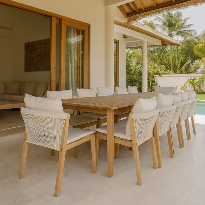 Ensemble table et 10 chaises de jardin en bois d'acacia avec coussin FIDJI