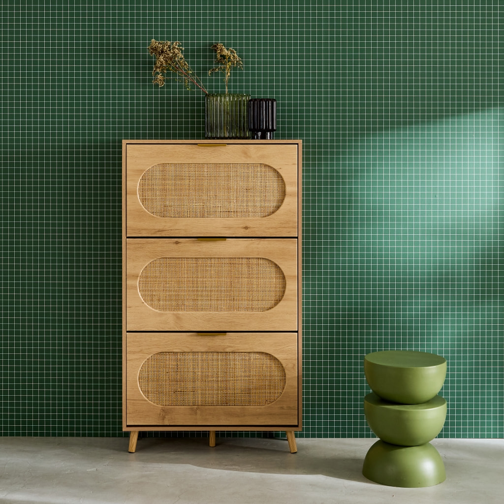 Meuble à chaussures décor bois et cannage 3 tiroirs. poignées en métal - L 75 x P 26 x H 131 cm - Eva