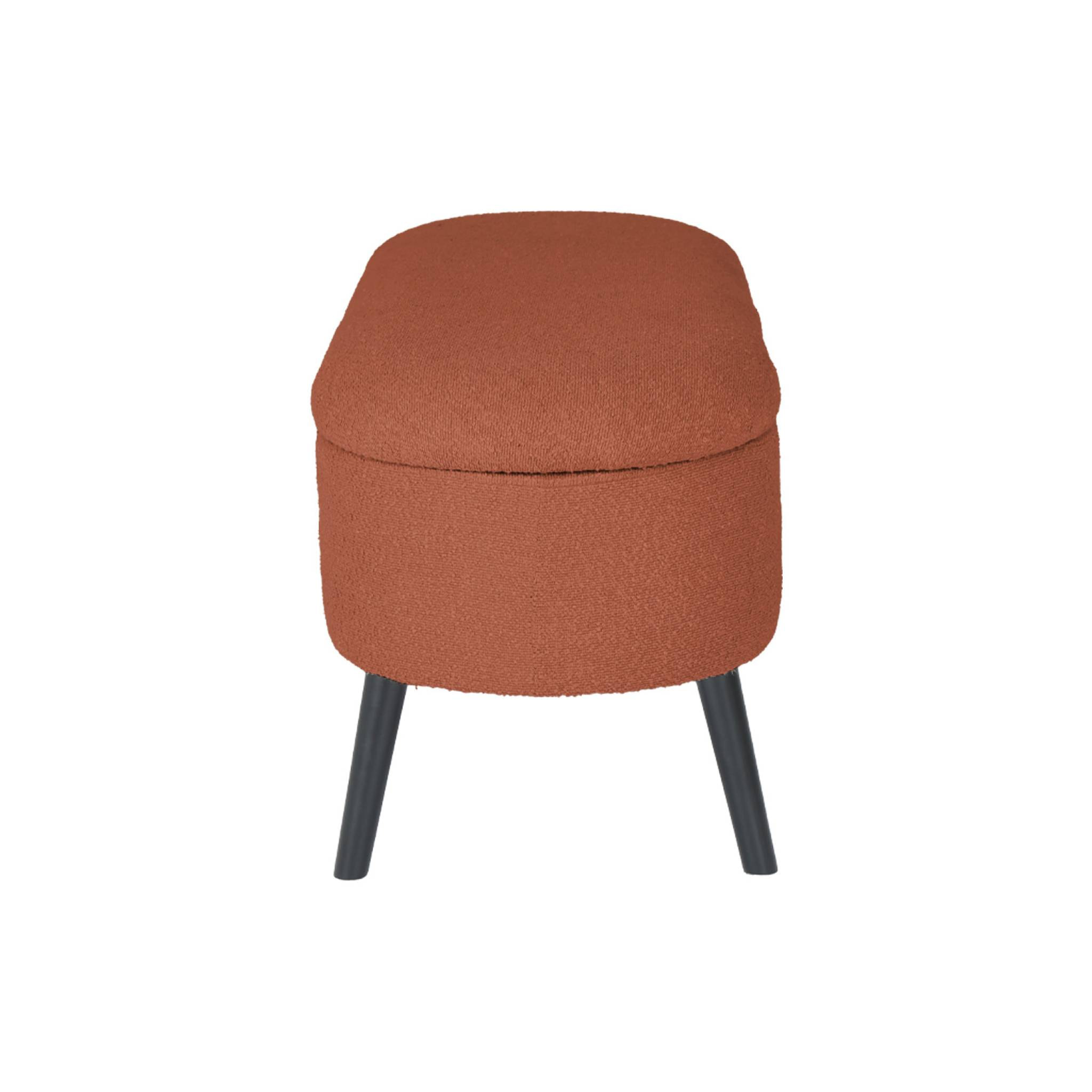 Banc coffre. bout de lit avec revêtement bouclette texturée. rouille. pieds en bois noir. L 112 x 44 x 50cm
