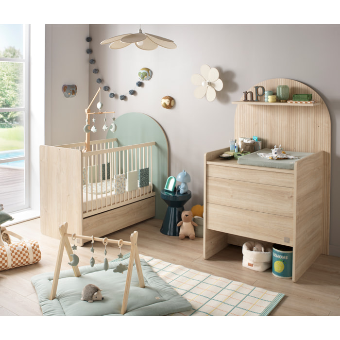 Pack chambre bébé évolutif – lit bébé 120x60 transformable en 90x190 + commode à langer évolutive en bureau