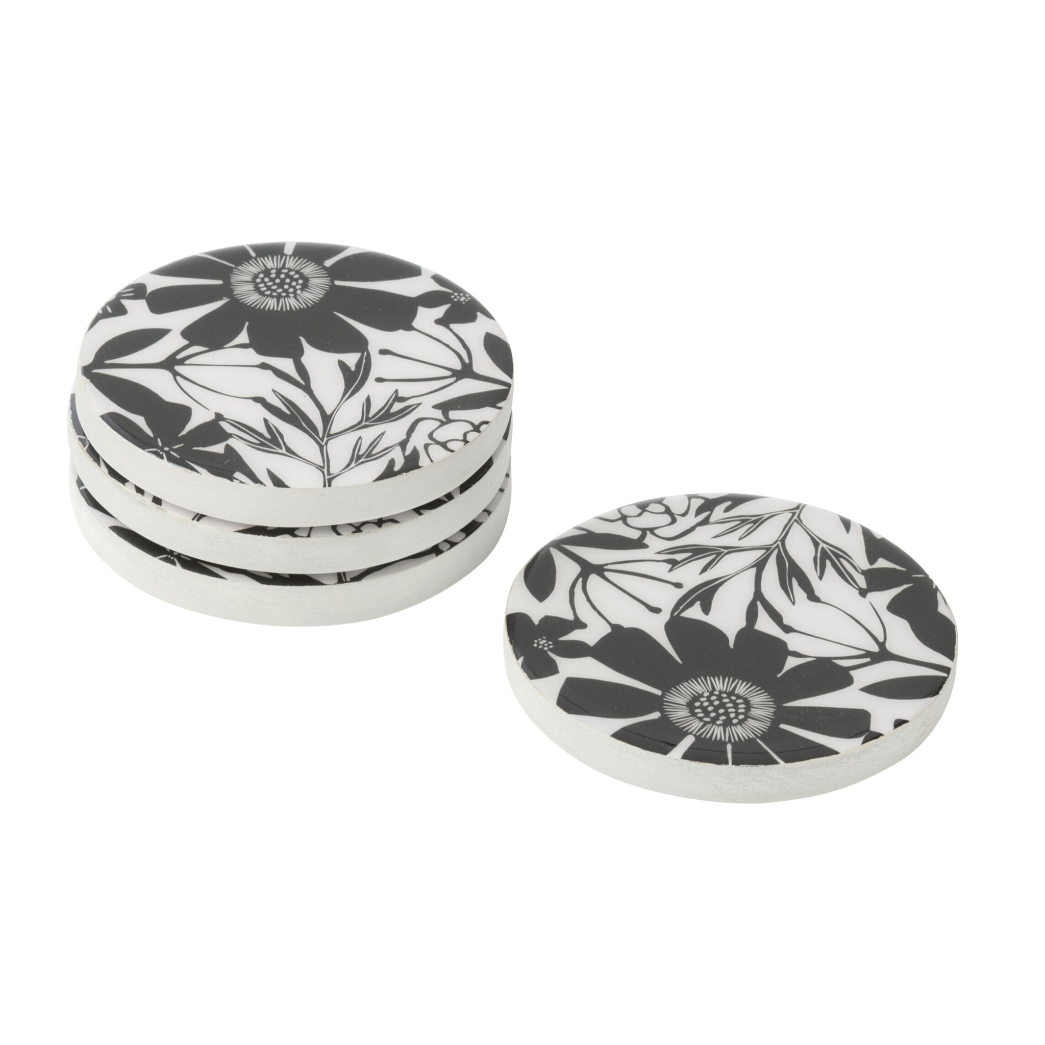 J-Line dessous de verre Fleurs - bois - noir/blanc - set de 4