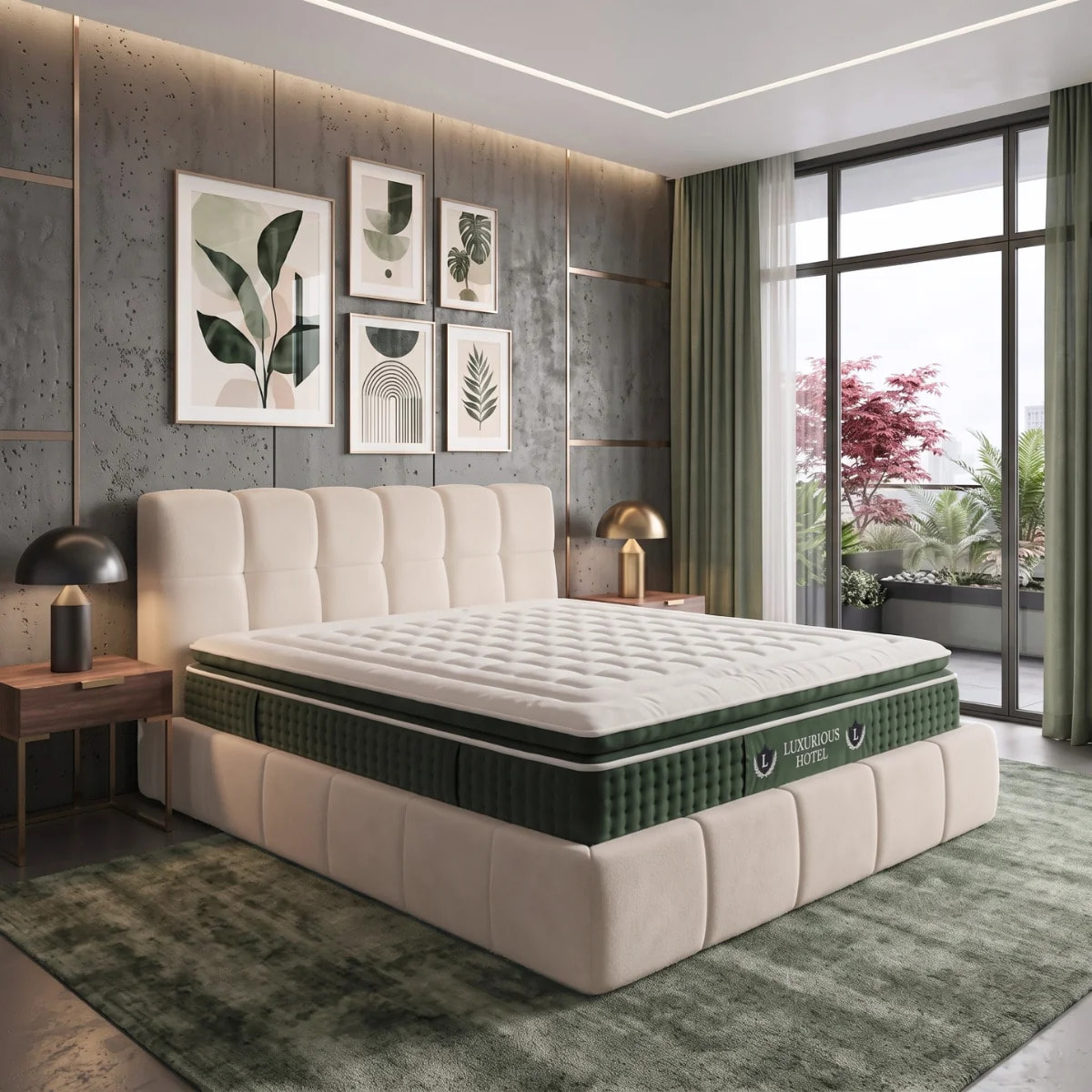 Ensemble matelas Jade & lit coffre Aneto | Mémoire de forme et ressorts ensachés | Grande capacité de stockage | tissu Chenille | Beige
