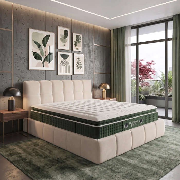 Ensemble matelas Jade & lit coffre Aneto | Mémoire de forme et ressorts ensachés | Grande capacité de stockage | tissu Chenille | Beige
