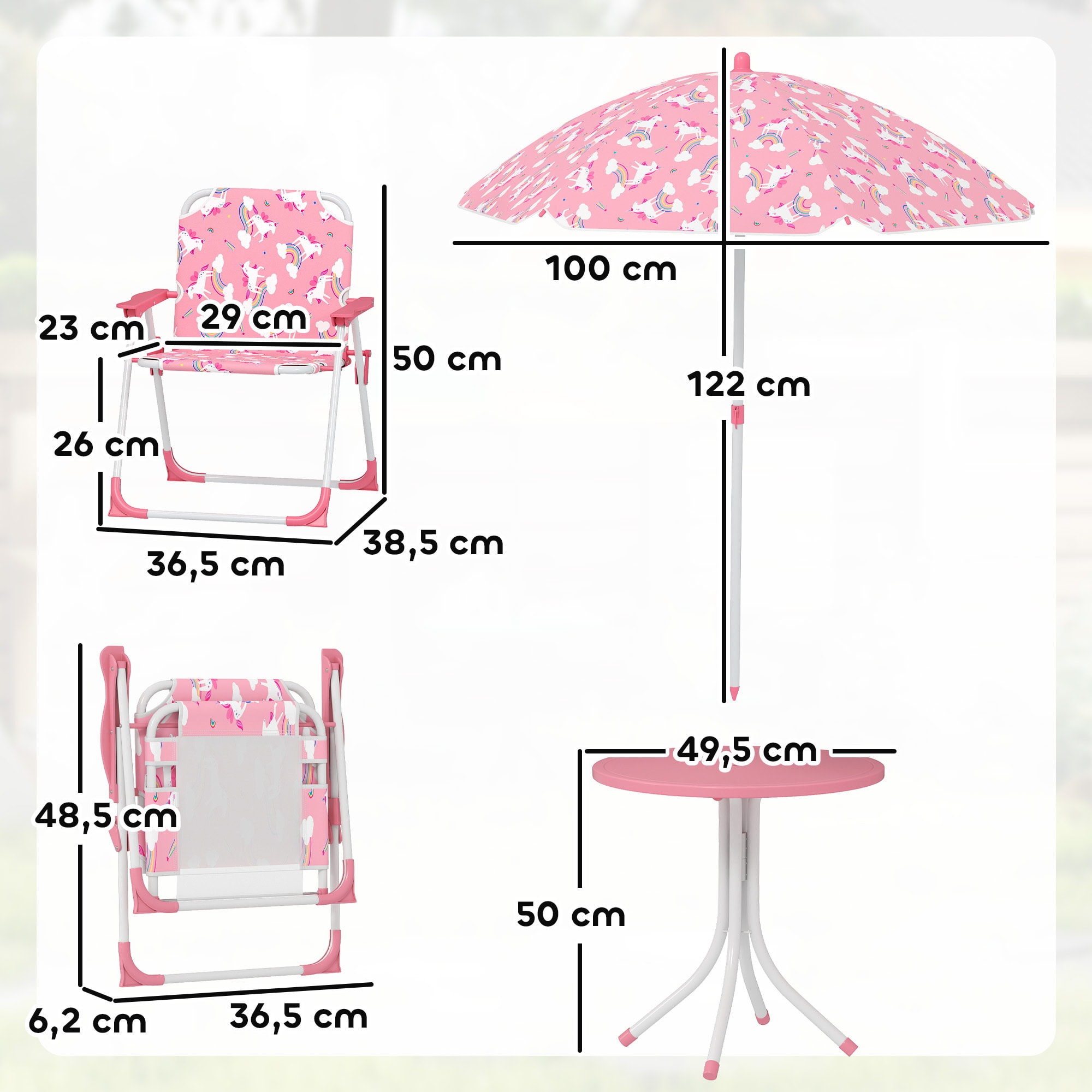Conjunto de Mesa y Sillas Infantil de Jardín de 4 Piezas, Mesa Infantil con Sillas Plegables, Sombrilla Desmontable, Diseño de Unicornios y Arcoíris, para Patio, Pícnic, Rosa