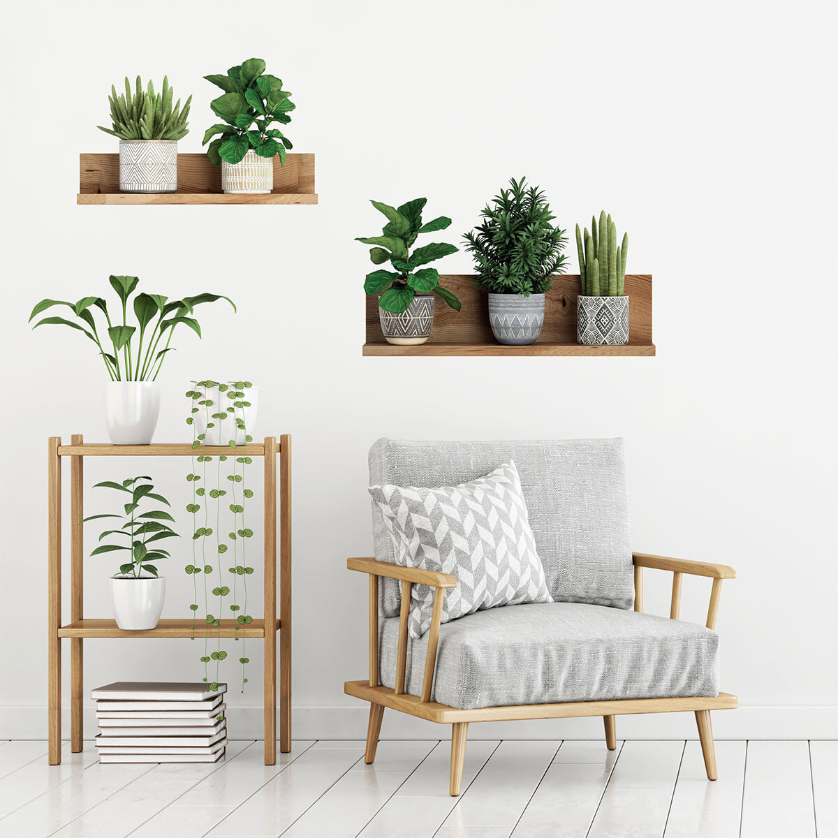 Stickers muraux 3D | Sticker Mural Autocollant effet PLANTES VERTES SUR ÉTAGÈRES - Stickers adhésifs 3D Chambre Salon Trompe l'oeil