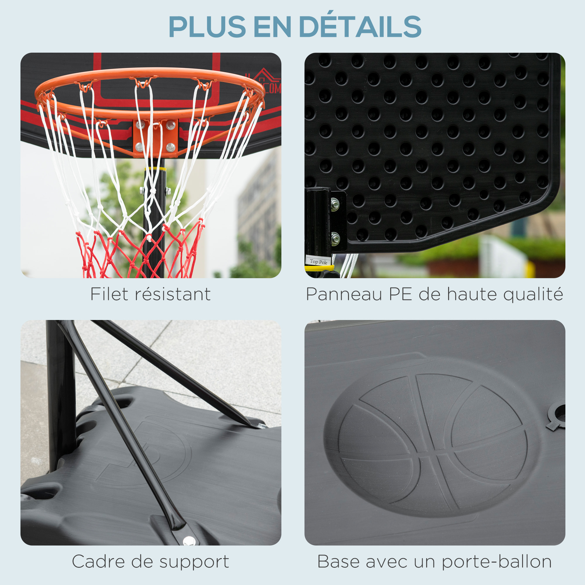 Panier de Basket-Ball sur pied avec poteau panneau - base de lestage sur roulettes - hauteur réglable 5 niveaux 2,45-2,95 m - acier HDPE noir rouge