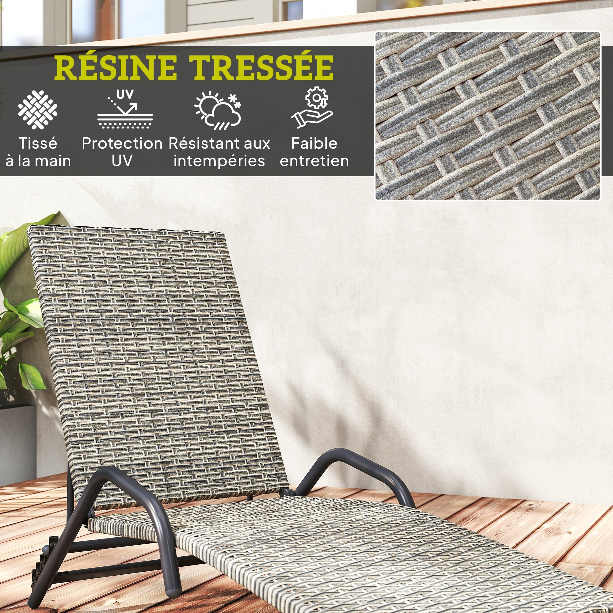 Bain de soleil inclinable réglable en résine tressée beige brun accoudoirs structure noir