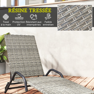 Bain de soleil inclinable réglable en résine tressée beige brun accoudoirs structure noir