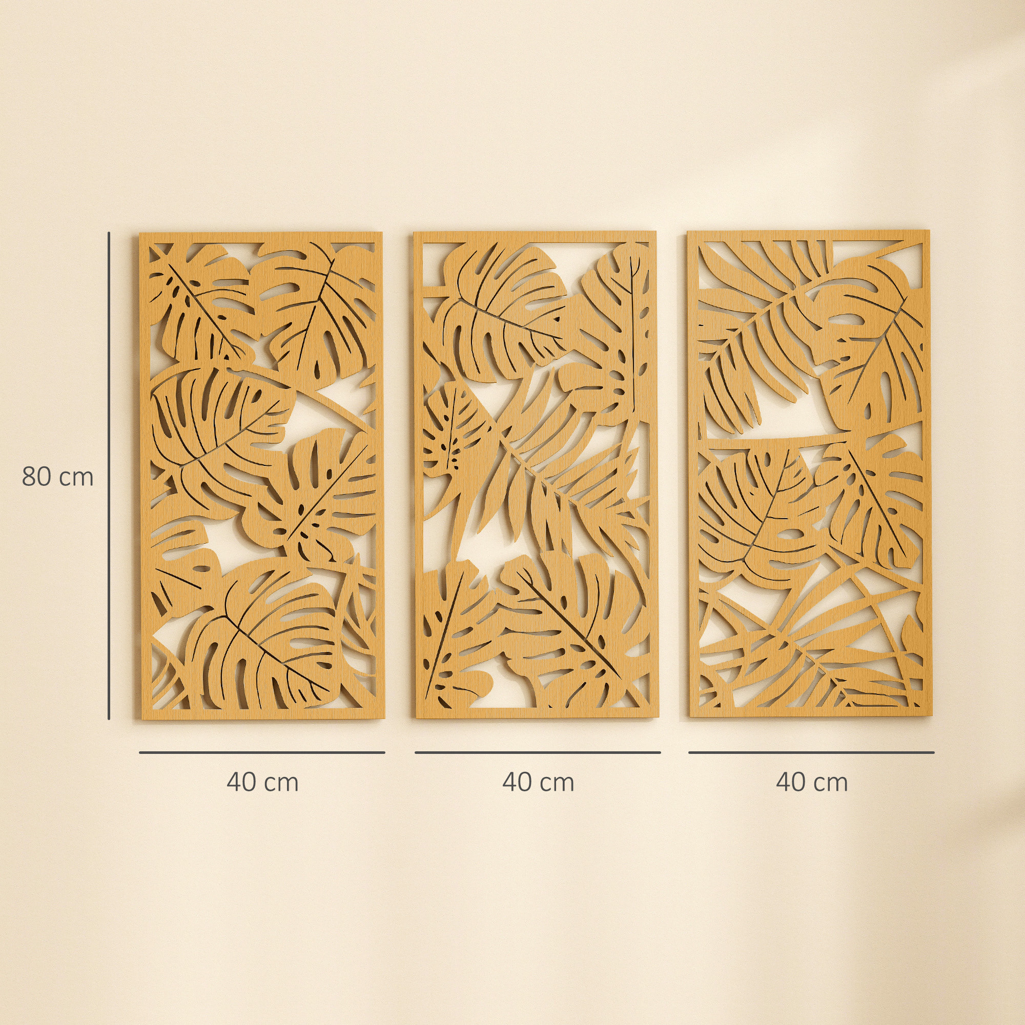 Decoración de Pared de Madera 3D, 3 Piezas, 40x80 cm, Adornos de Pared con Patrón de Hojas Tropicales, Arte Moderno para Salón, Dormitorio, Pasillo, Madera Natural