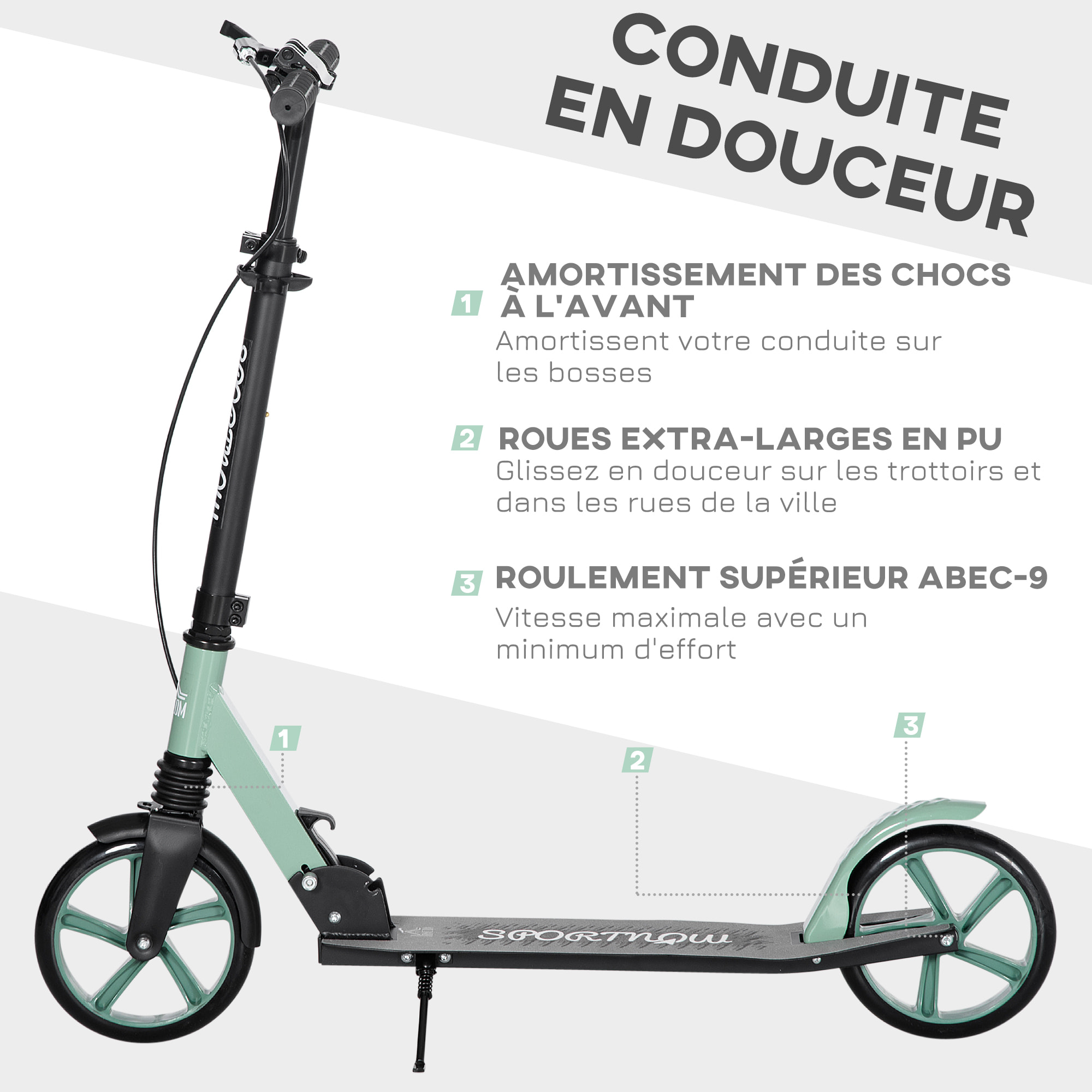 Trottinette pliable adulte béquille double frein amortisseur hauteur guidon réglable roulement PU abec-9 alu. métal vert noir