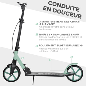 Trottinette pliable adulte béquille double frein amortisseur hauteur guidon réglable roulement PU abec-9 alu. métal vert noir