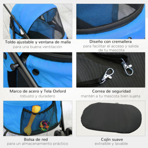 Cochecito para Mascotas Plegable Carrito para Perros y Gatos con Ventanas de Malla Cojín Lavable Correas de Seguridad Cubierta de Tela Oxford y Marco de Acero 82x47x97 cm Azul