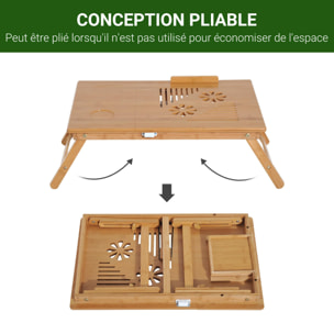 Table de lit pour ordinateur pliable réglable tiroir évents cale porte-gobelet bambou verni