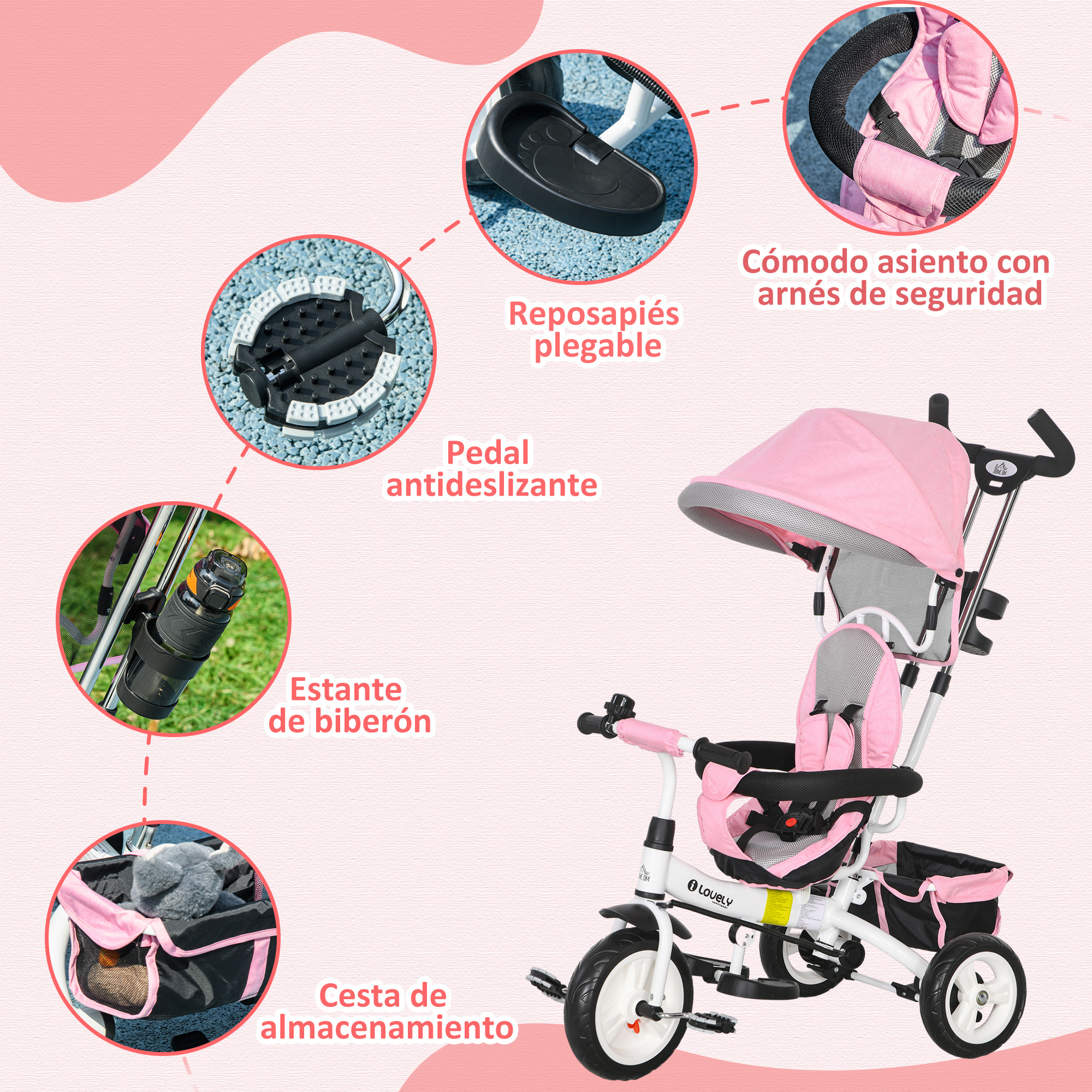 Triciclo Evolutivo para Bebés 6 en 1 Triciclo para Niños de 1-5 Años Bicicleta para Niños con Toldo Plegable Mango Telescópico Desmontable Cinturón de Seguridad y Cesto 95x50x106 cm Rosa