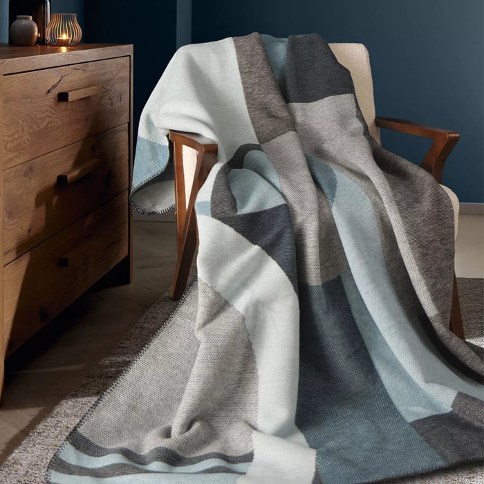 Plaid coton mélangé 415 g/m² motif jacquard bleu gris Livio blue