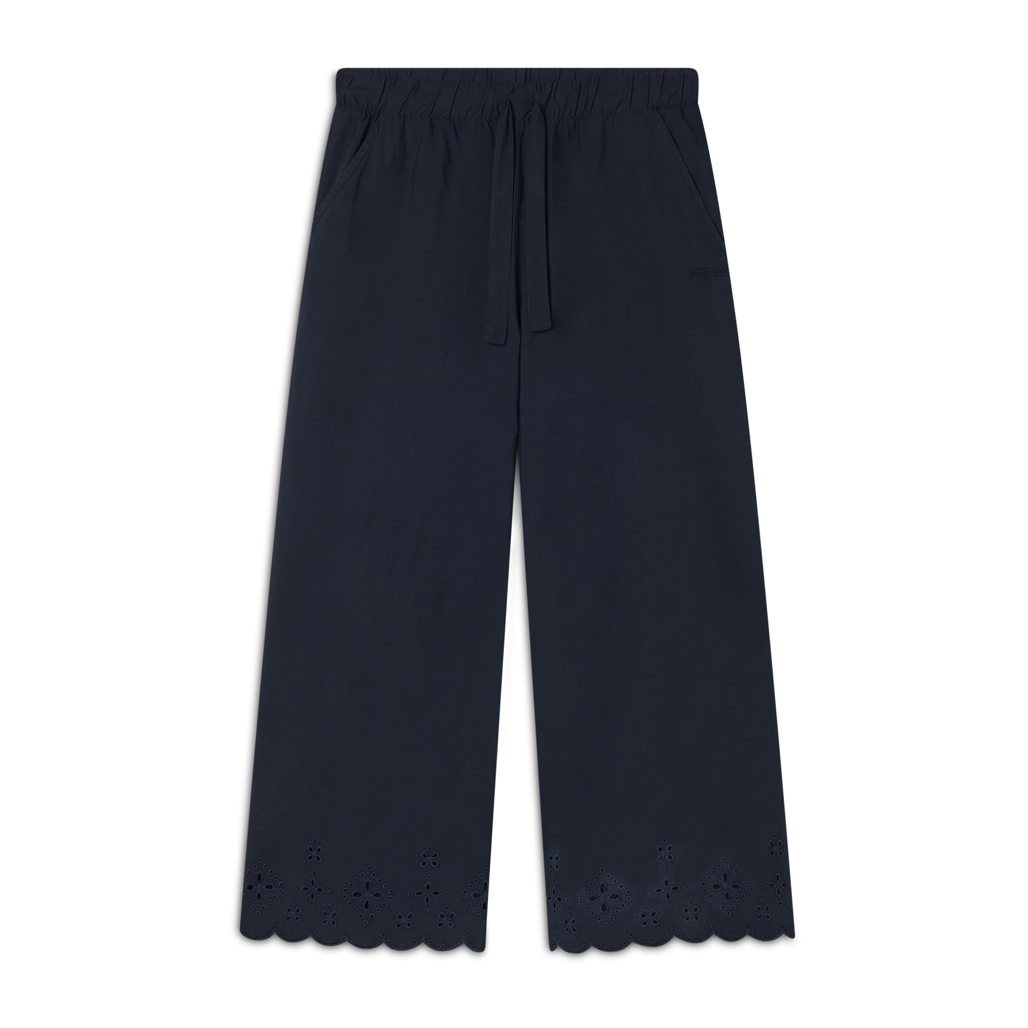 Pantaloni wide leg in cotone navetta con ricami Sangallo