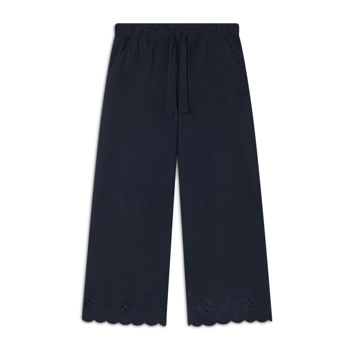 Pantaloni wide leg in cotone navetta con ricami Sangallo