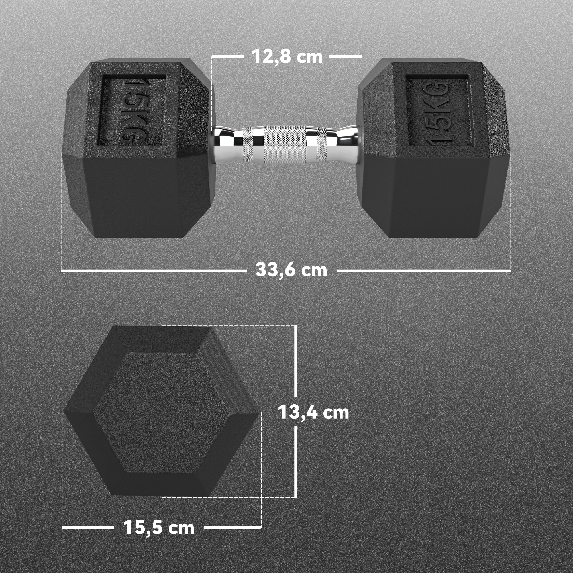 Juego de Mancuernas Hexagonales, 2 x 15 kg, de Hierro Fundido, Recubiertas de Goma, Juego de Pesas con Barras de Conexión para Entrenamiento en Casa, Gimnasio y Oficina, Negro y Plata