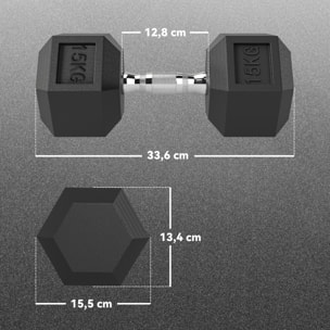 Juego de Mancuernas Hexagonales, 2 x 15 kg, de Hierro Fundido, Recubiertas de Goma, Juego de Pesas con Barras de Conexión para Entrenamiento en Casa, Gimnasio y Oficina, Negro y Plata
