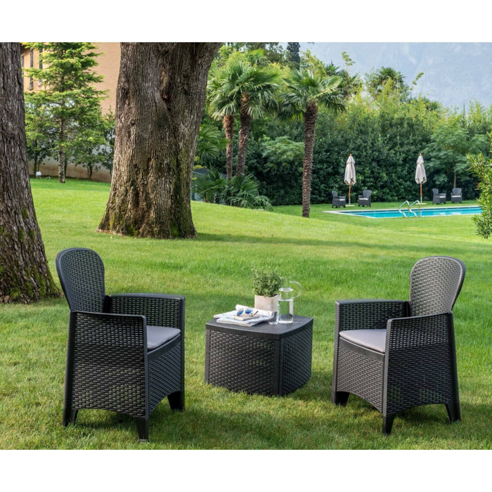 Set salotto da esterno Anny, Set da giardino con 2 poltrone ed 1 tavolino contenitore, Salottino effetto rattan, 100% Made in Italy, Antracite
