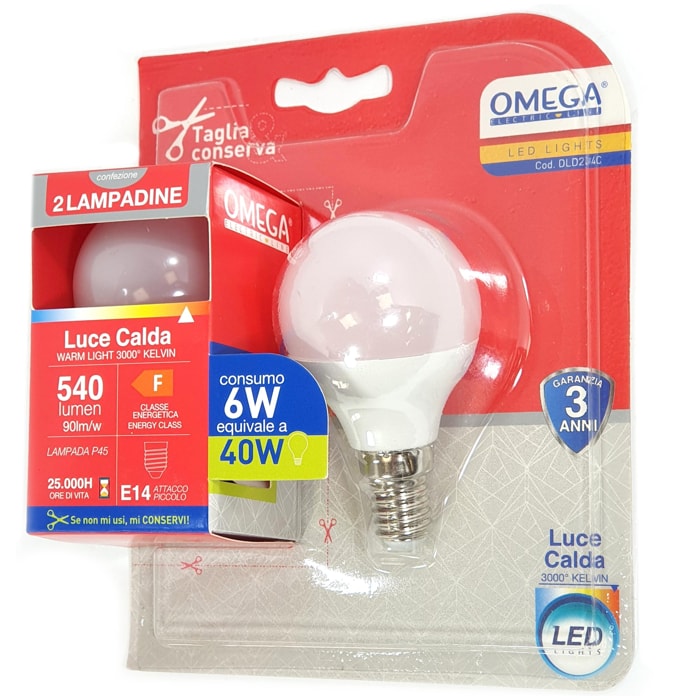 OMEGA Set 6 Pezzi Sfera LED P45 6W 3000K E14