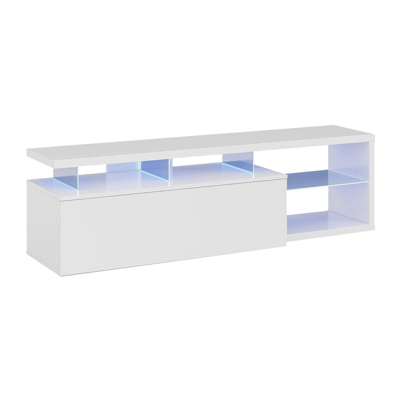 Mobile porta TV Pittsburgh, Credenza per televisione da soggiorno con 1 anta, Supporto TV con luce led, Buffet da salotto, cm 150x41h50, Bianco lucido