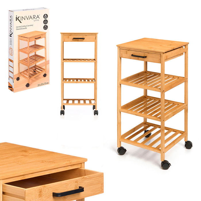 Carrello da cucina in bambù. Con 1 cassetto, 3 ripiani e 4 ruote.