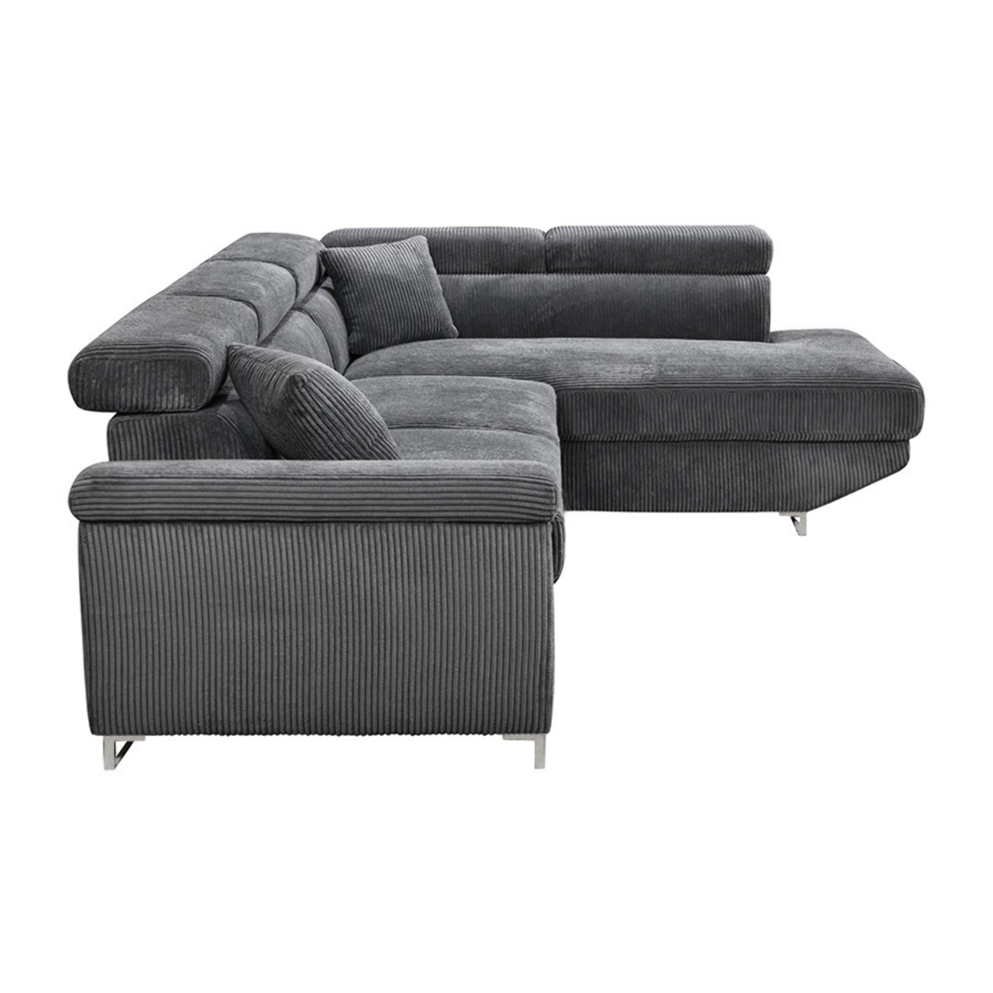Baoji - Canapé d'angle droit 5 places convertible avec têtières et coffre en velours côtelé - Gris