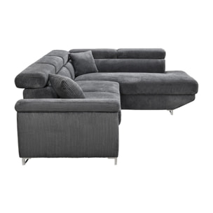 Baoji - Canapé d'angle droit 5 places convertible avec têtières et coffre en velours côtelé - Gris