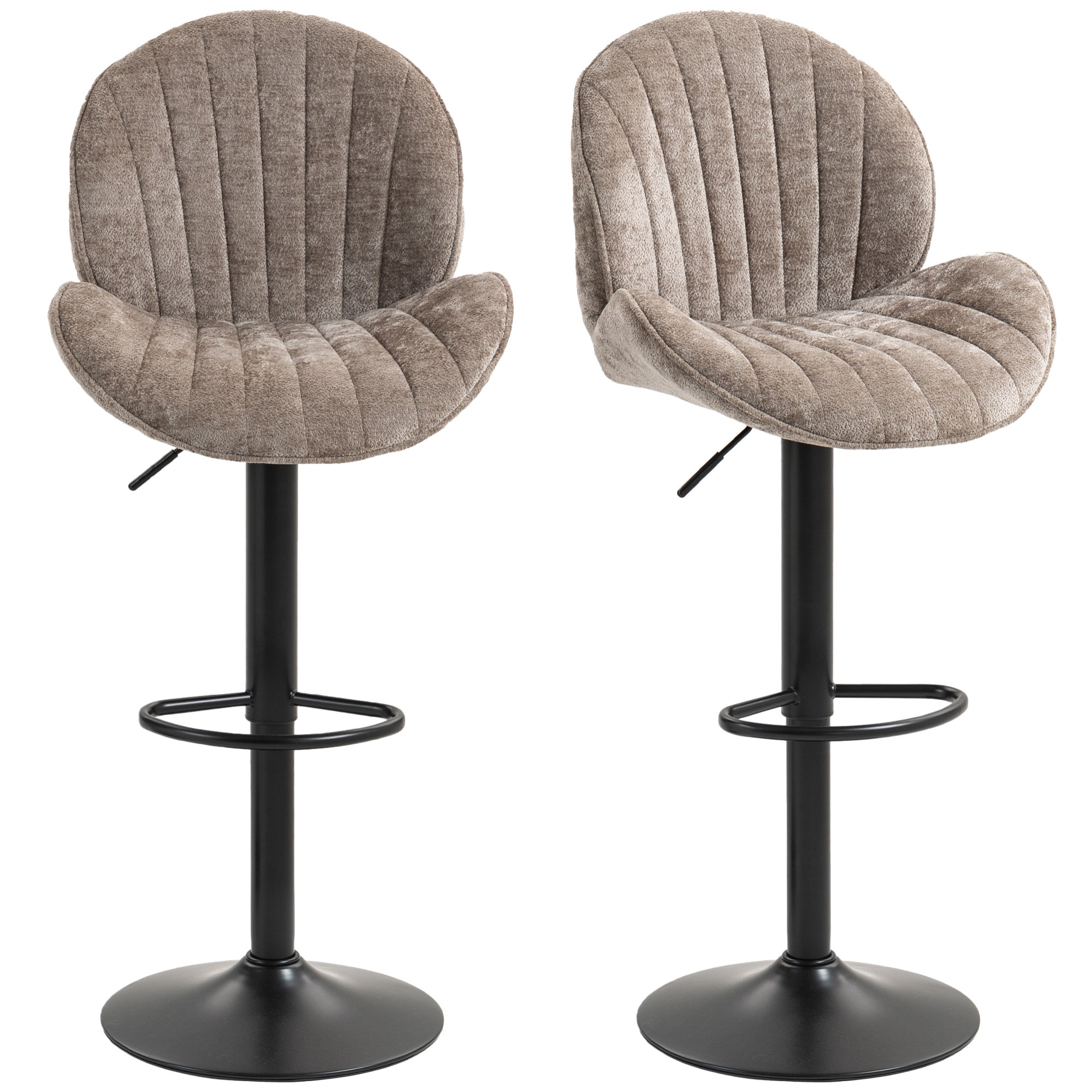 HOMCOM Juego de 2 Taburetes de Bar Giratorios, Taburetes Altos de Cocina con Altura Ajustable 62-83 cm, Sillas Altas de Cocina, Tapizada en Chenilla, Respaldo y Reposapiés, Marco de Acero, Marrón Moca