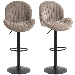HOMCOM Juego de 2 Taburetes de Bar Giratorios, Taburetes Altos de Cocina con Altura Ajustable 62-83 cm, Sillas Altas de Cocina, Tapizada en Chenilla, Respaldo y Reposapiés, Marco de Acero, Marrón Moca