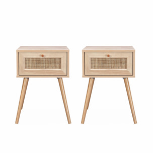 Lot de 2 tables de chevet effet bois & cannage avec 1 tiroir - Bohème