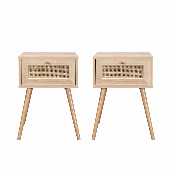 Lot de 2 tables de chevet effet bois & cannage avec 1 tiroir - Bohème