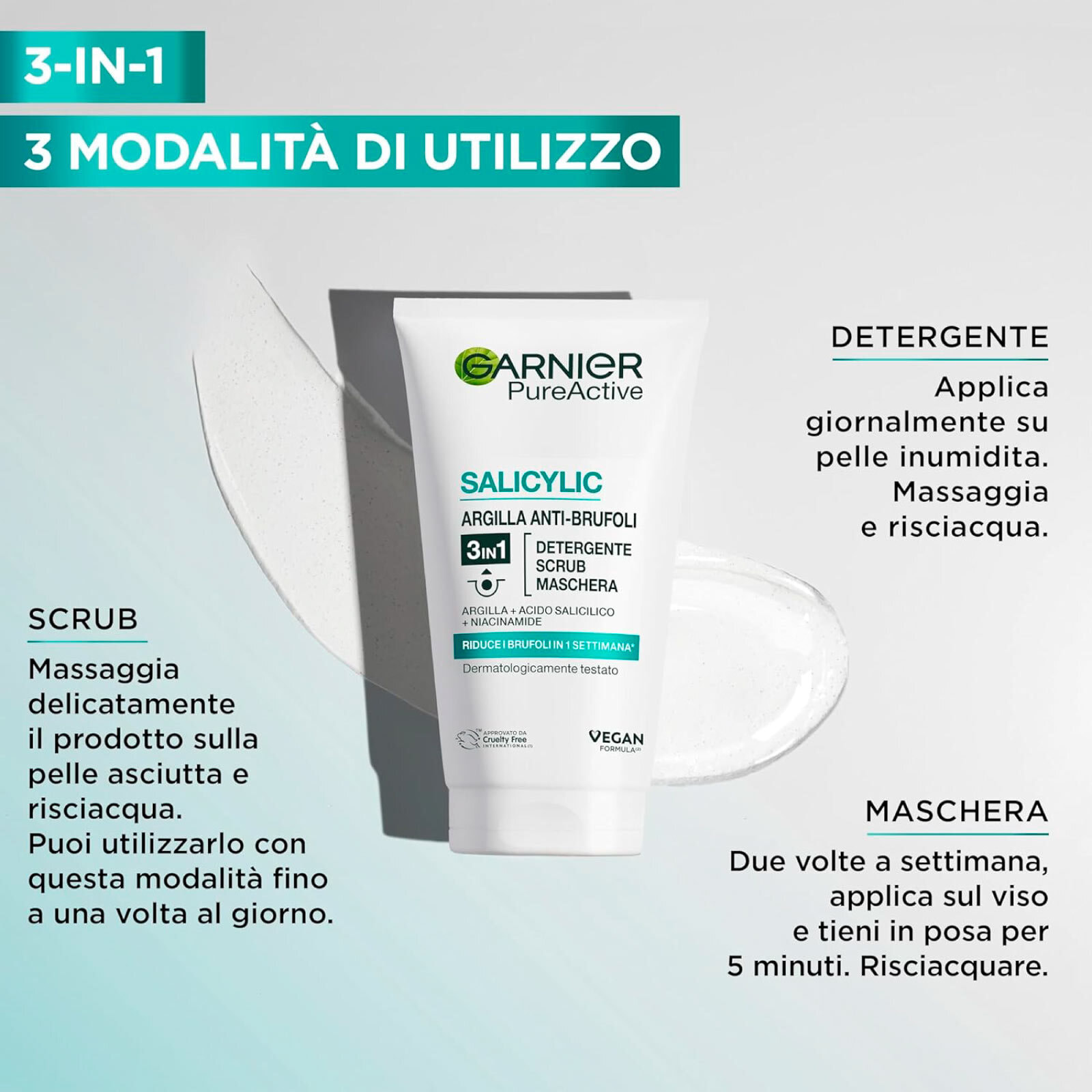 Trattamento Viso Argilla Anti-Brufoli 3in1 Maschera Scrub Detergente PureActive con Acido Salicilico e Niacinamide - Flacone da 150ml