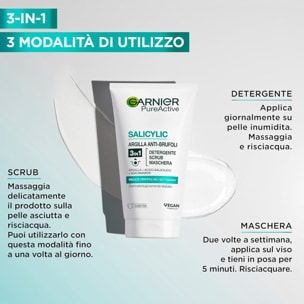 Trattamento Viso Argilla Anti-Brufoli 3in1 Maschera Scrub Detergente PureActive con Acido Salicilico e Niacinamide - Flacone da 150ml