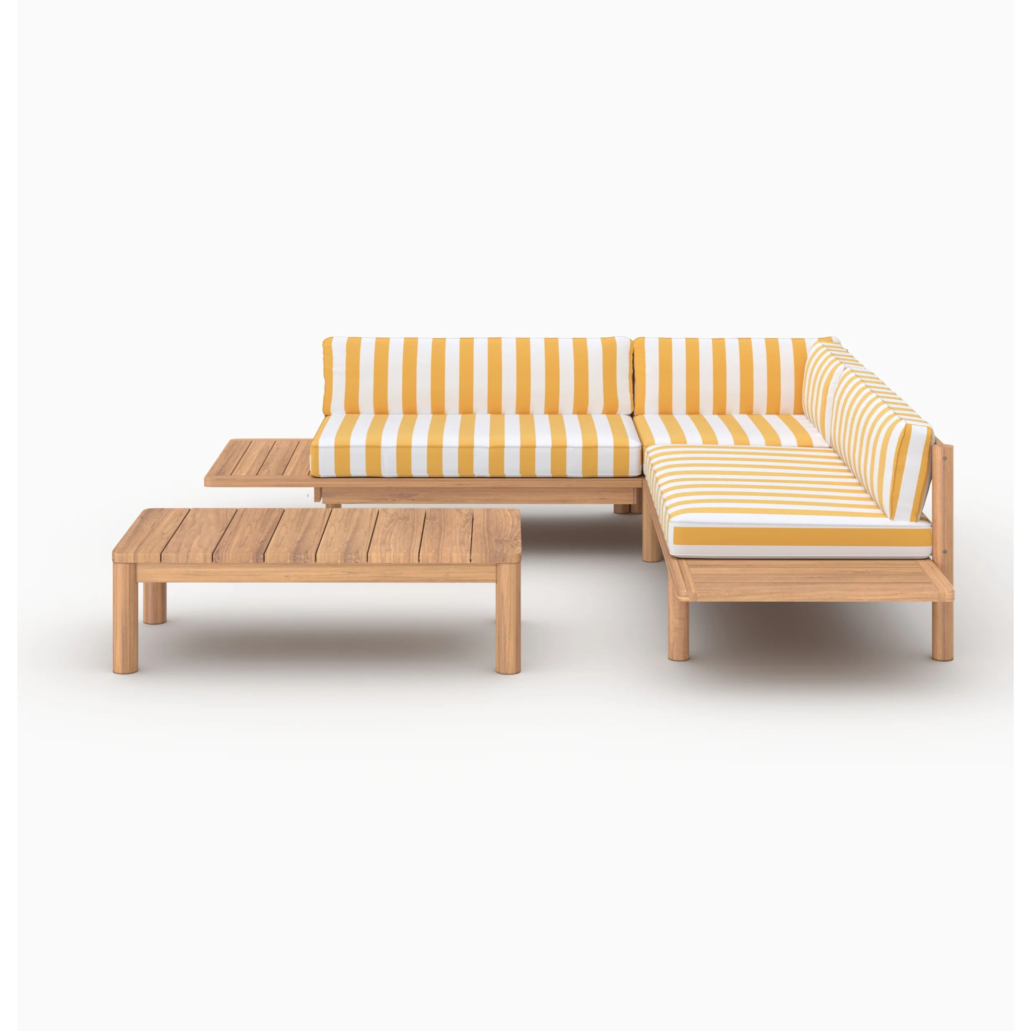 Salon de jardin 4 personnes en teck massif et tissu rayé jaune - Nadila