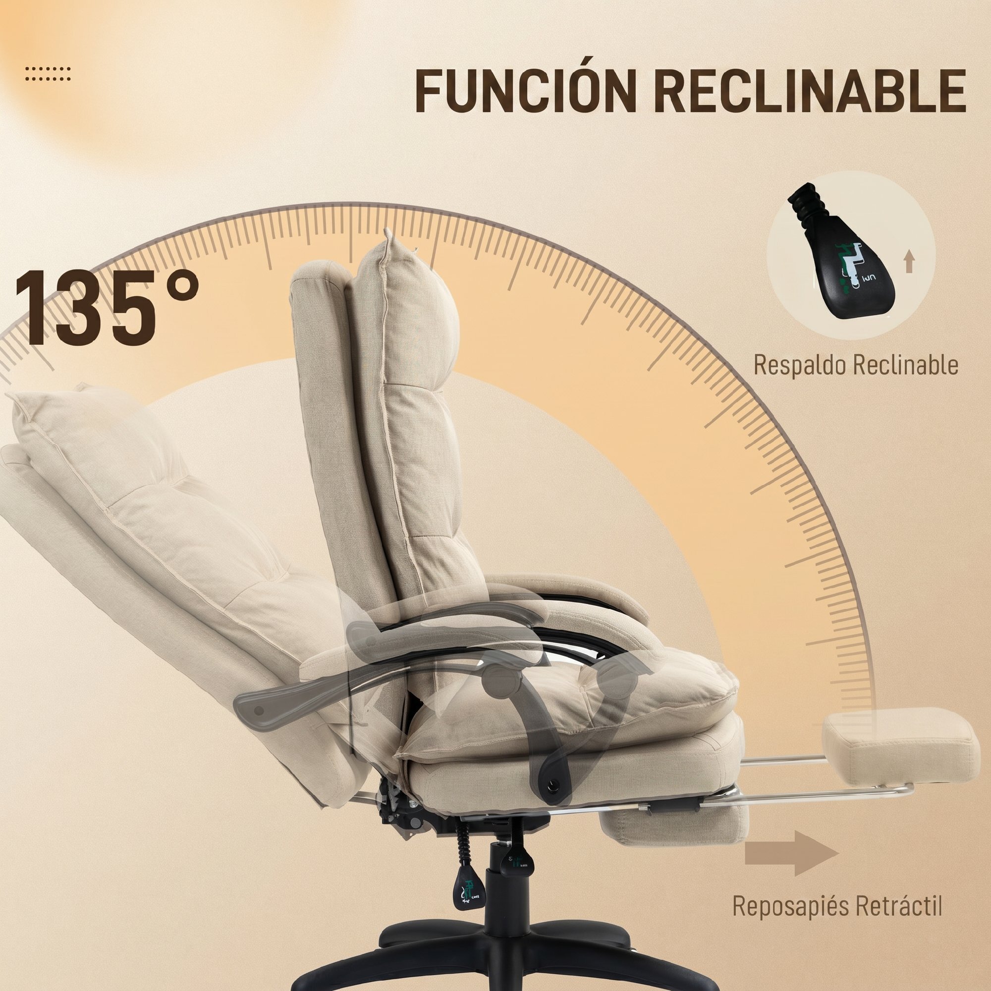 Vinsetto Silla de Oficina Ejecutiva con Masaje, Silla de Escritorio Ergonómica con Altura Ajustable, Respaldo Reclinable, Reposapiés, Mando con Cable, Giratoria 360°, Beige